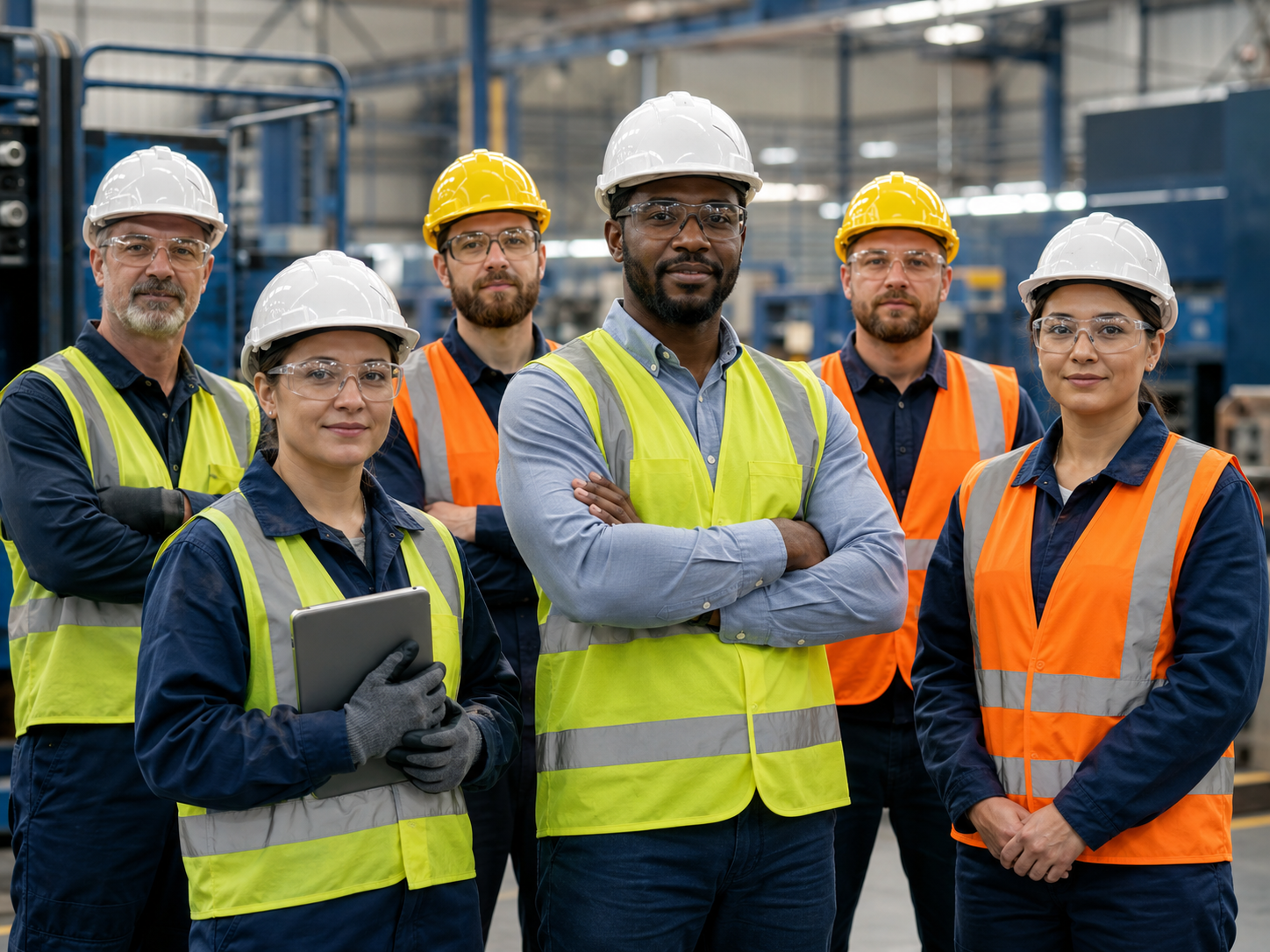 Diverse industrial safety professionals and workers wearing PPE in a modern factory