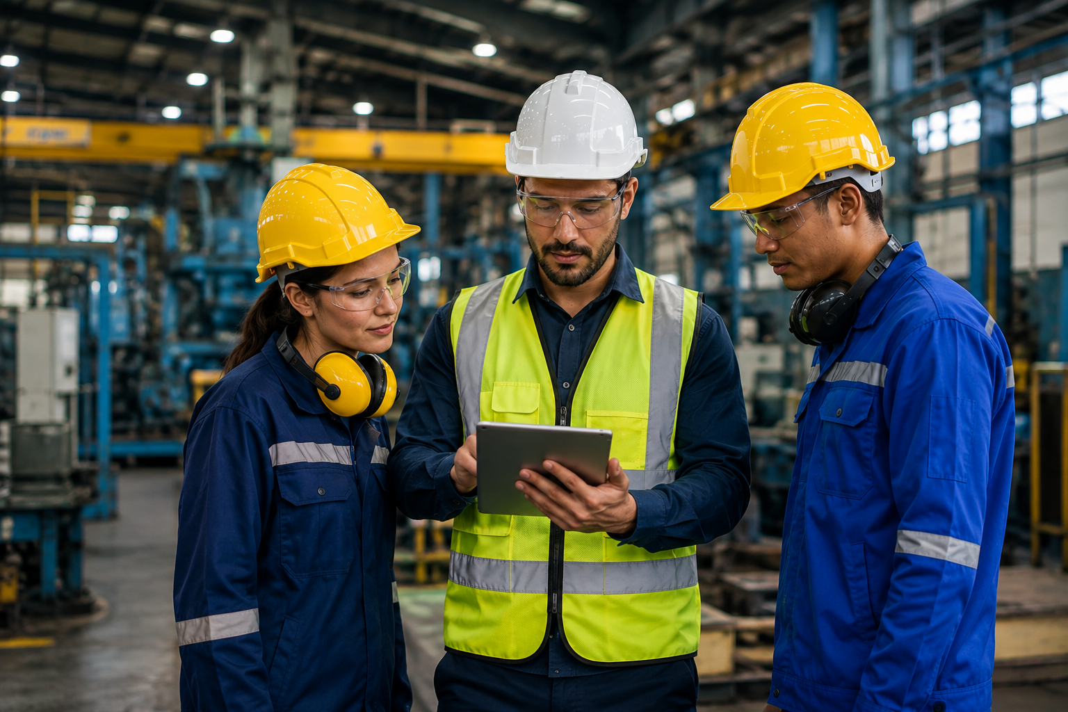 Industrial safety professionals reviewing a tablet while wearing hard hats and protective gear inside a modern factory
