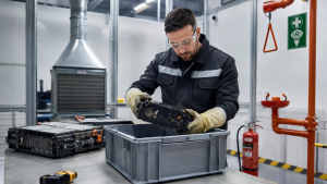 Industrial worker isolating a damaged lithium-ion battery in a controlled safety area