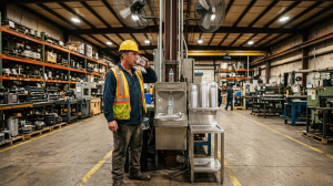 Industrial worker taking a hydration break to reduce workplace heat stress