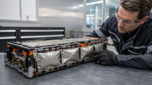 Worker inspecting a damaged lithium-ion battery for swelling and other warning signs
