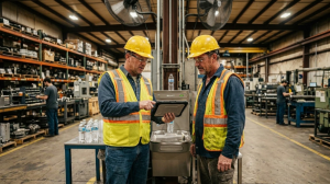 Workers reviewing a workplace heat safety plan during an industrial rest break